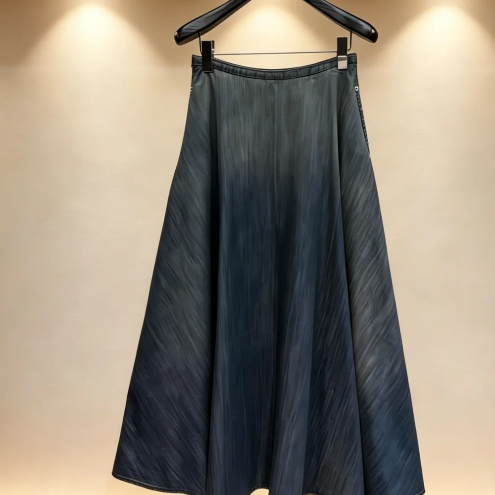 

2026 Women Vintage Dark Blue Denim Maxi Skirt High Waist A Line Pleated Skirt Bow Decor Casual Fashion Long Skirt Spring 017