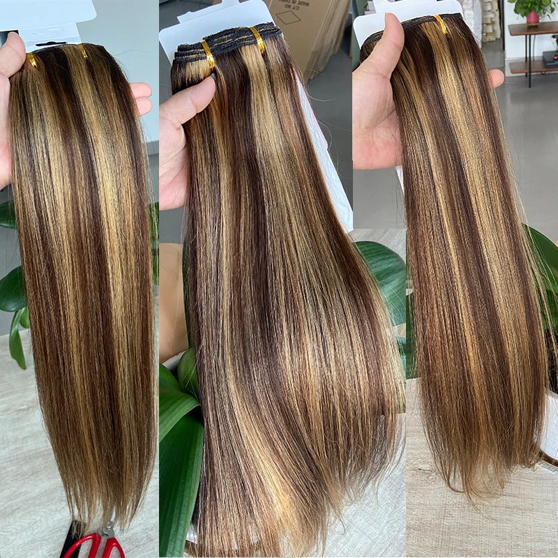 تسليط الضوء على كليب في وصلات الشعر لون الشعر البشري الحقيقي # 4/27 مشبك برازيلي في وصلات مستقيمة 16-26 بوصة لون طبيعي #6