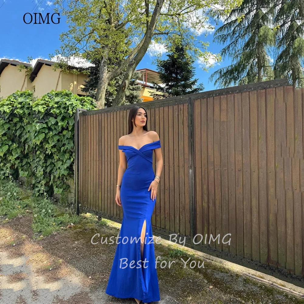 OIMG Saudi Arabric Blue Mermaid Formal Prom Gowns Off The Shoulder Evening Dress High Side Split Women Party Dresses 2024