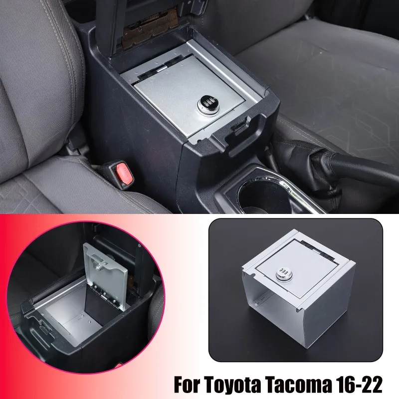 1PCS Carbon Steel Car Center Control Armrest Safe Storage Box For Toyota Tacoma 2016-2022 Security Password Storage Tray