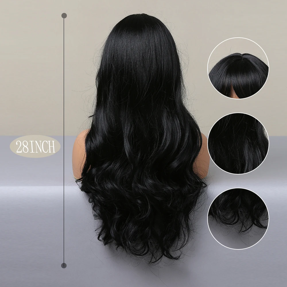 TINY LANA Natural Black Long Wavy Synthetic Wig with Bangs for Women Body Wave Dark Brown Wigs Cosplay Daily Hair Heat Resistant