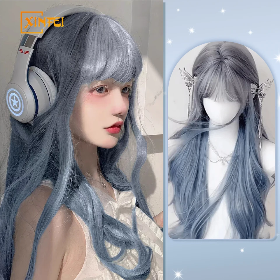 Wig untuk wanita panjang ikal rambut gelombang besar kabut biru Wig dengan poni alami simulasi berbulu Lolita Wig untuk Cospay penggunaan sehari-hari