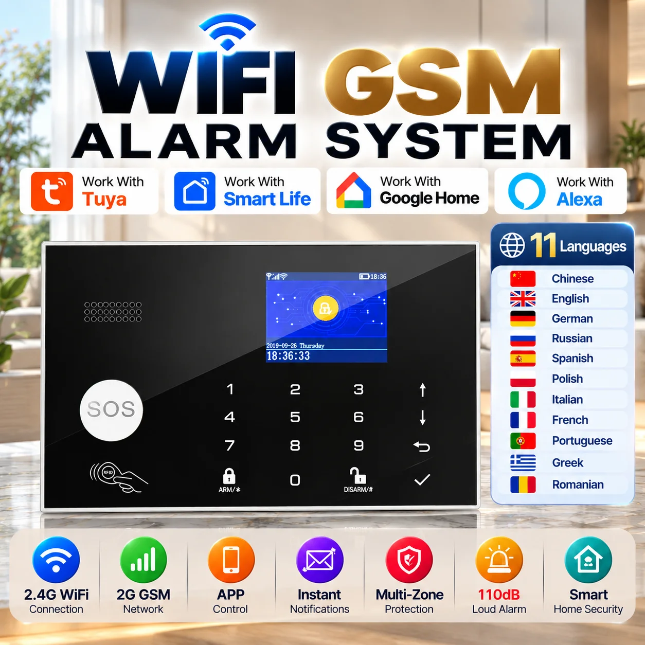 WIFI Alarm System for tuya Home WIFI GSM Security Alarm Panel with Temperature and Humidity Display Work Alexa Tuya Smart App