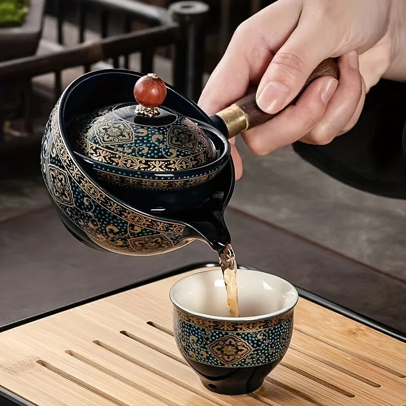 360 Rotation Porcelain Chinese Gongfu Tea Set Portable Travel Tea Maker and Infuser Ceramic Tea Cup All in One Gift Bag