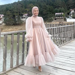 15878# Arabic Long Sleeves High Neck Ruffles Tulle A-line Muslim Hijab Evening Dress Islamic Prom Gown Customized فساتين زفاف