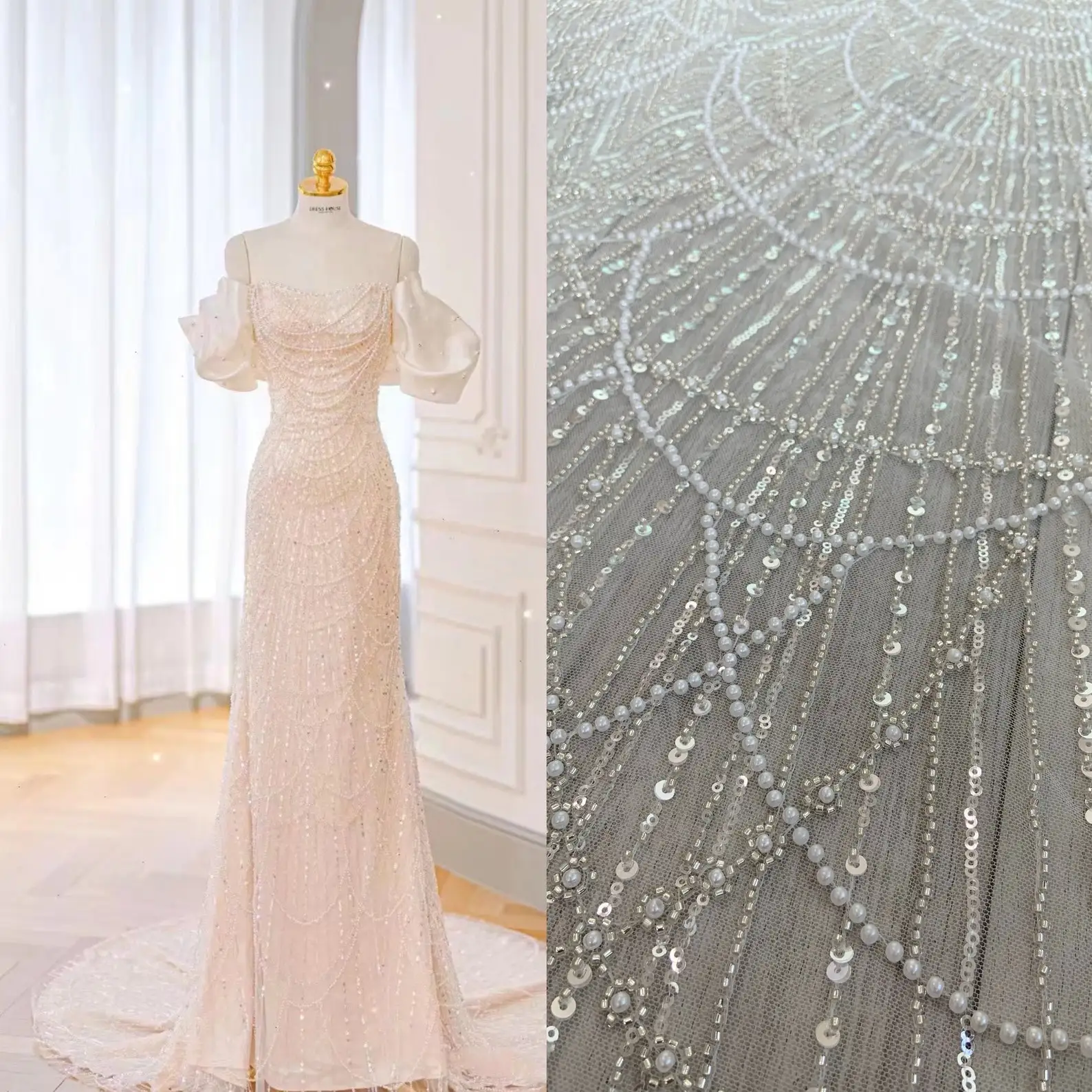 

1 yard Heavy Pearl Beaded Tulle Lace Fabric For Bridal Dress By The Yard Off White