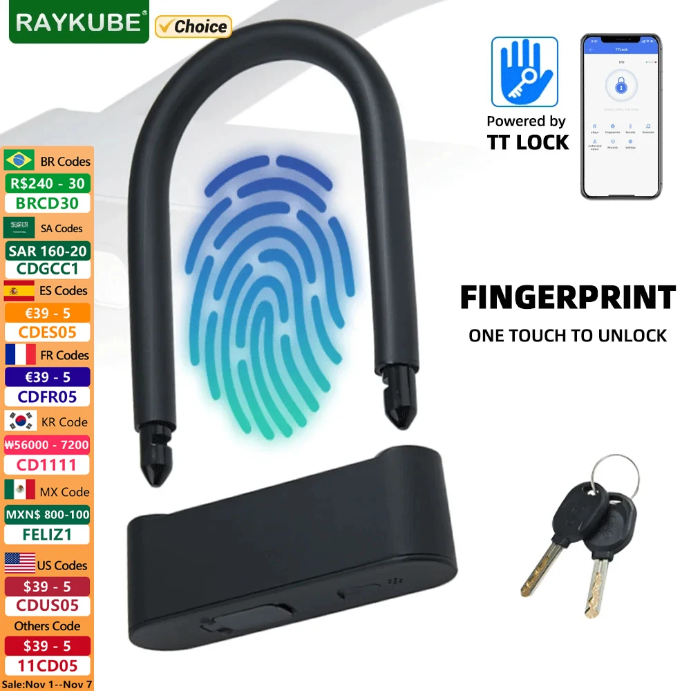 

RAYKUBE Smart U-Shaped Fingerprint Lock TT Lock Electronic U-lock Alloy Steel Material USB Charging Waterproof Bicycle Padlock