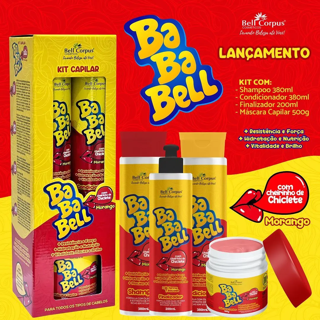 Kit Capilar Bababell Morango Hidratação e Maciez e Brilho com Cheirinho de Bubbaloo