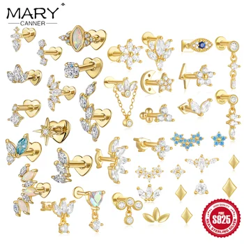 CANNER 1PC 925 Sterling Silver Testa Piatta Cartilagine Penetrante Corona Horse Eye Cuore Orecchino Della Vite Prigioniera Per Le Donne Claasic gioielli Regali