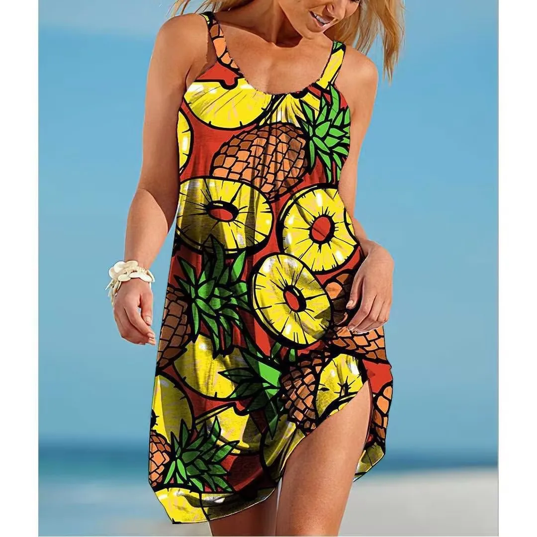 Summer Tropical Fruit Print Dress Boho Solid Beach Sundress Sleeveless Hawaii Style Crew Neck Daily Casual Clothes Resort Wear