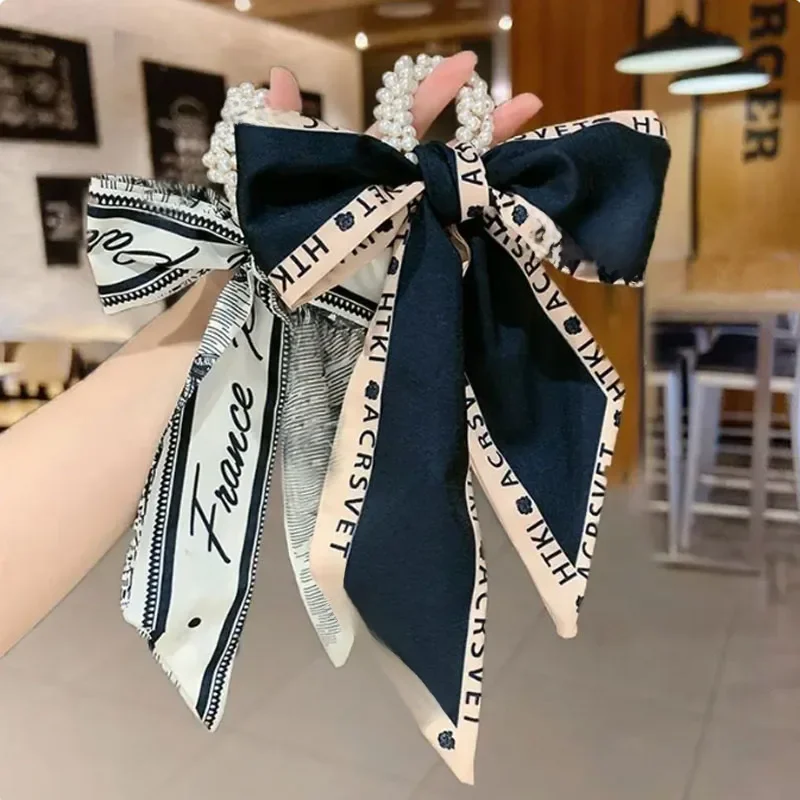 Opaska do włosów Damska wiązanie do włosów Vintage Bow Nakrycie głowy Perłowa gumka do włosów Wiązanie kokardki do włosów Wstążka Headrope — zdjęcie 2
