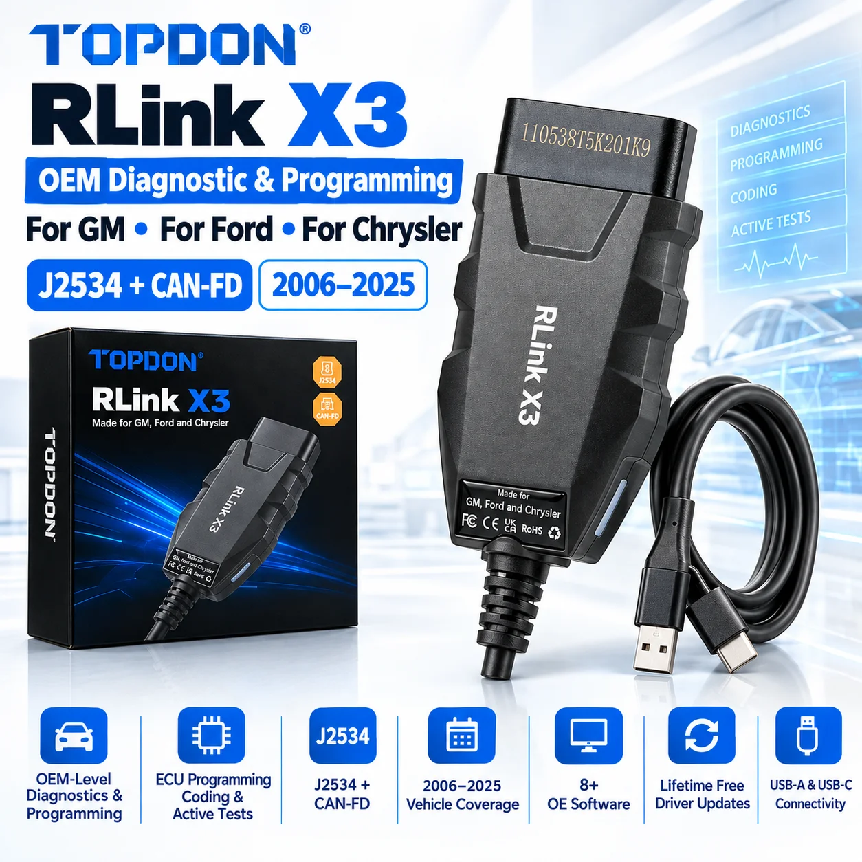 TOPDON RLink X3 J2534 All-in-One Dealership Diagnostic CANFD Tool Support US Brand Vehicles For GM/Ford/Chrysler Year 2006~2025