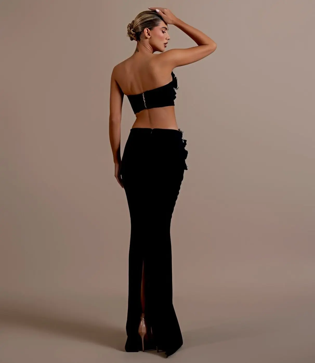 High quality women summer black Diamond flower short tops +high waist pencil skirt 2 piece bandage set vintage
