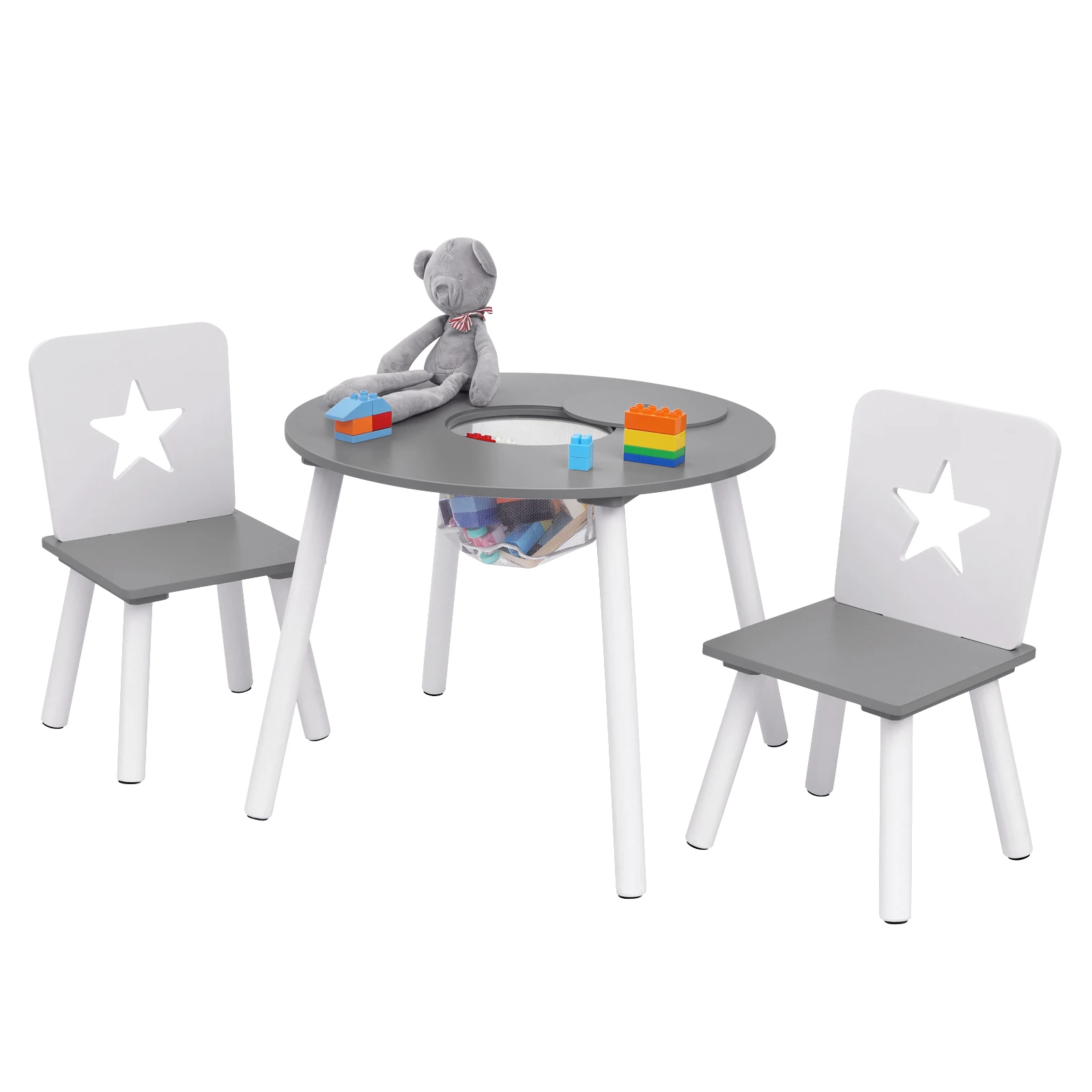 Children Furniture Set 1 Table 2 Chairs Round Table with Storage Space White Gray Kindergarten Baby Toy Table with Chairs