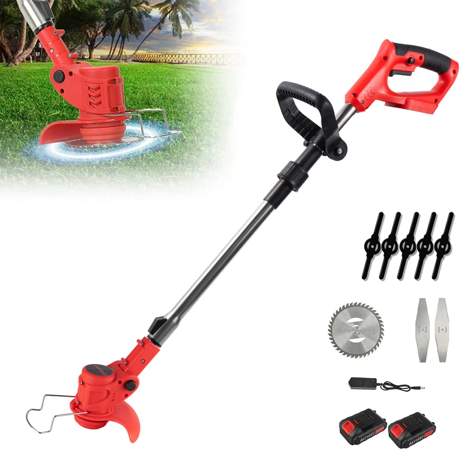 Tondeuse à gazon électrique sans fil avec 2 batteries, tondeuse manuelle, coupe-herbe avec lame réglable.