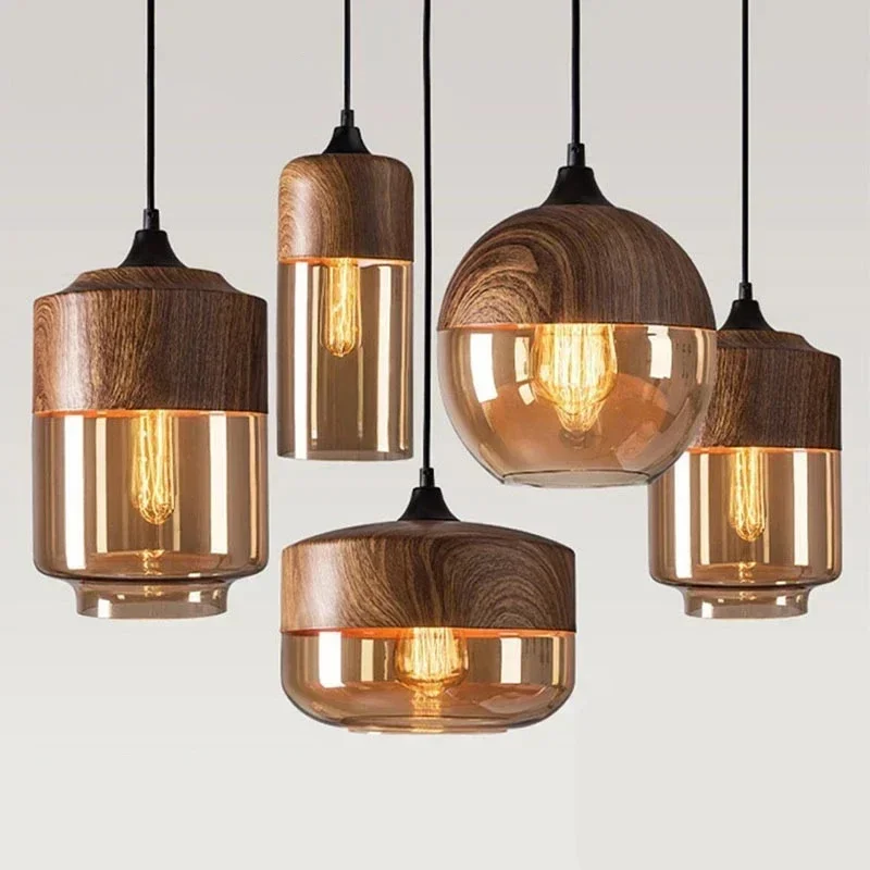 Nordic Led Glas Hanglampen Armaturen Moderne Creatieve Houten Kunst Slaapkamer Eetkamer Woonkamer Licht Hout Kleur Hanglampen - afbeelding 2