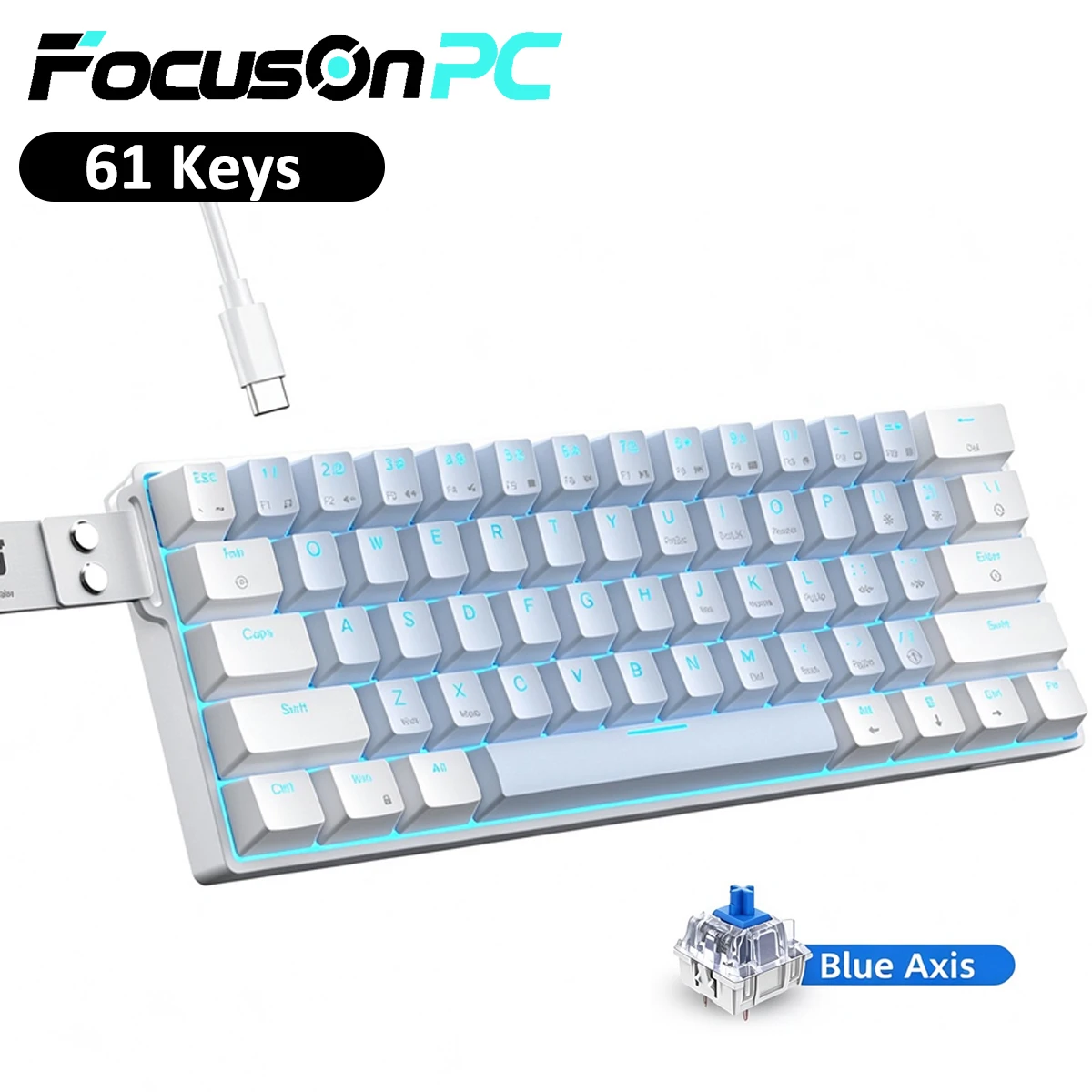 FocusOnPC 61 Keys Wired Mechanical Keyboard Detachable Type-C Cable RGB Backlit Blue/Red Switch Gaming Keyboard for PC Laptop