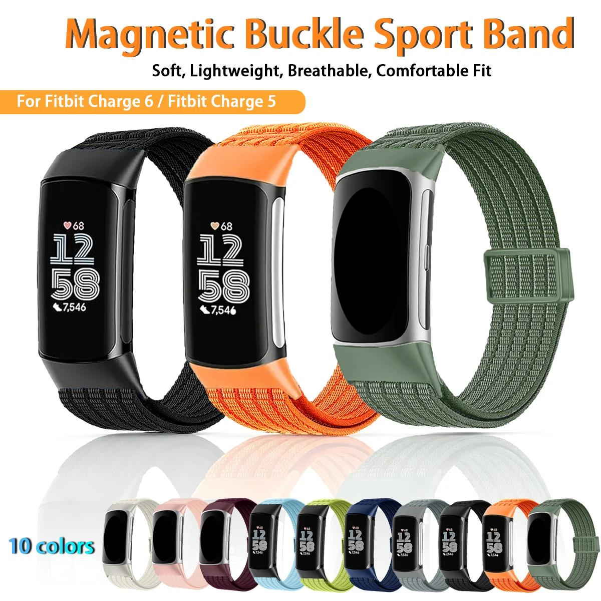 Sport Loop Nylon Watch Bands for Fitbit Charge 6/Fitbit Charge 5, Adjustable Breathable Soft Nylon Loop Wristband for Women/Men
