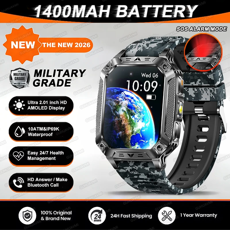 2026 TANK Nieuwe 1400mAh Militaire GPS Smart Watch Mannen 2.01 "AMOLED Scherm 10ATM Waterdichte Klok SOS Oproep Zaklamp Smartwatch iOS