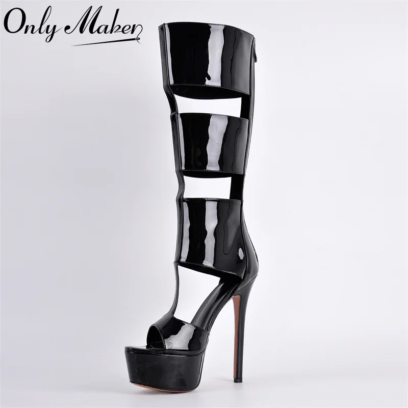 

Onlymaker Women Platform Patent Leather Zipper Knee High Boots Sexy Thin High Heel Hollow Gladiator Cutout Boots Sandals