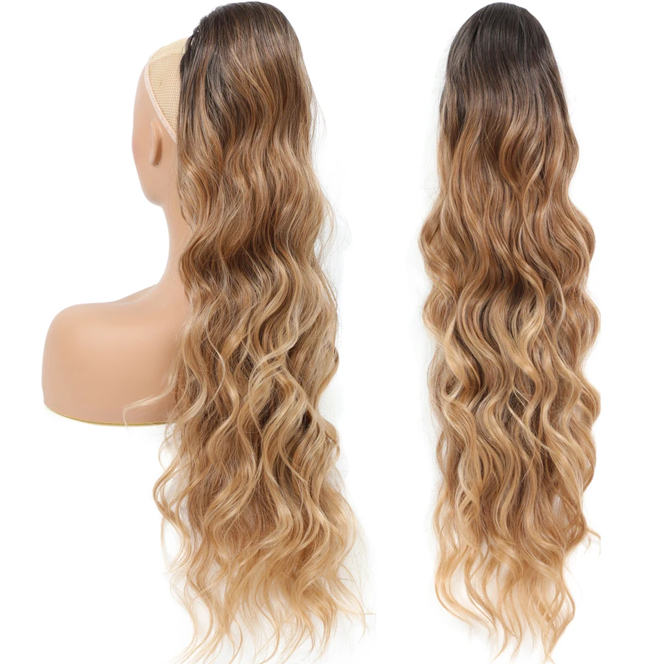 Loira/afletar longo sintético onda do corpo rabo de cavalo extensões de cabelo longo ondulado cordão clipe de cabelo pedaço rabo de cavalo para mulher