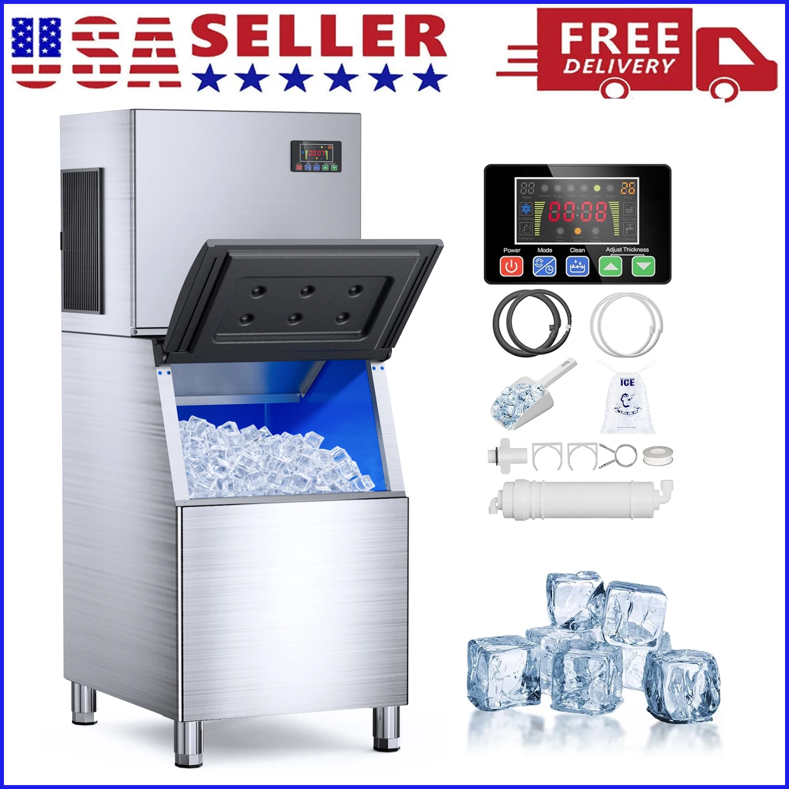 Commercial Ice Maker Machine - 550LBS/24H, 360LBS Storage Bin, Commercial Ice Machine with Self- Cleaning | Industrial Ice Machine | 1–30 Ice Thickness Levels | Ice Ready in 5–15min | Stainless Steel