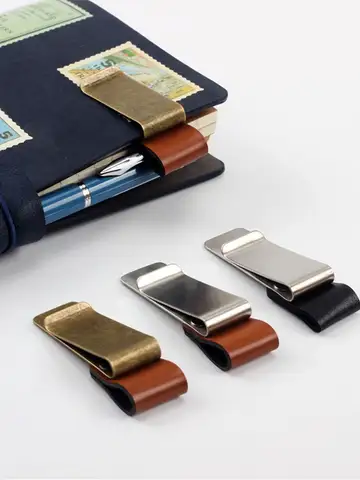 STONEGO Handmade Leather Brass Stainless Steel Pen Holder Clip Journal Notebook Paper Folder Writing Office Supplies