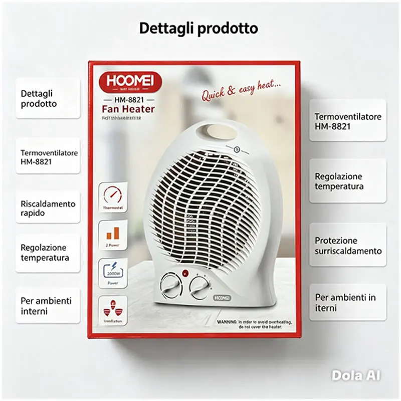 Radiateur ventilé avec thermostat, radiateur électrique portable avec thermostat, radiateur de table électrique pour la maison et le bureau, protection contre la surchauffe, ventilateur chauffant 2000W