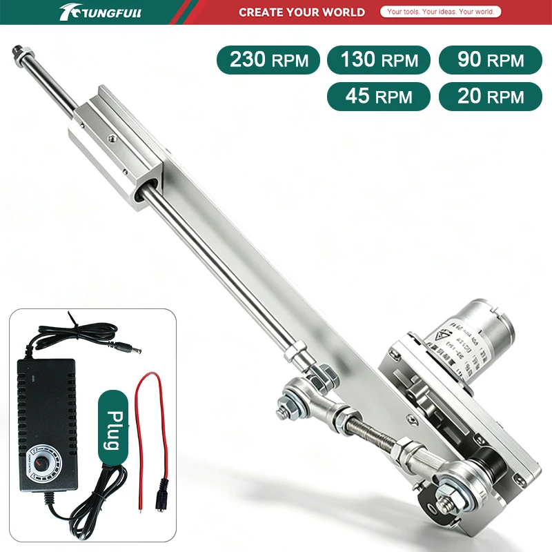 Actionneur linéaire télescopique puissant à course réglable de 60 mm à 200 mm, 24 V CC, machine à poussée alternative 20-230 tr/min avec alimentation
