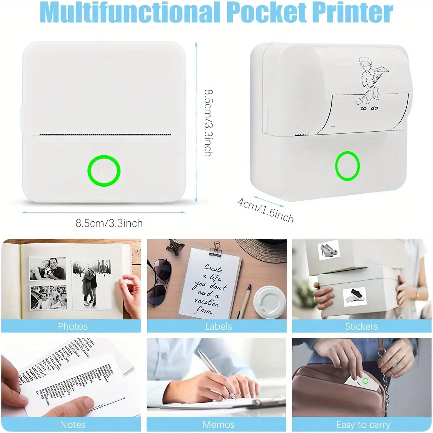 Mini Portable Wireless Thermal Printer, Inkless Printing, Co