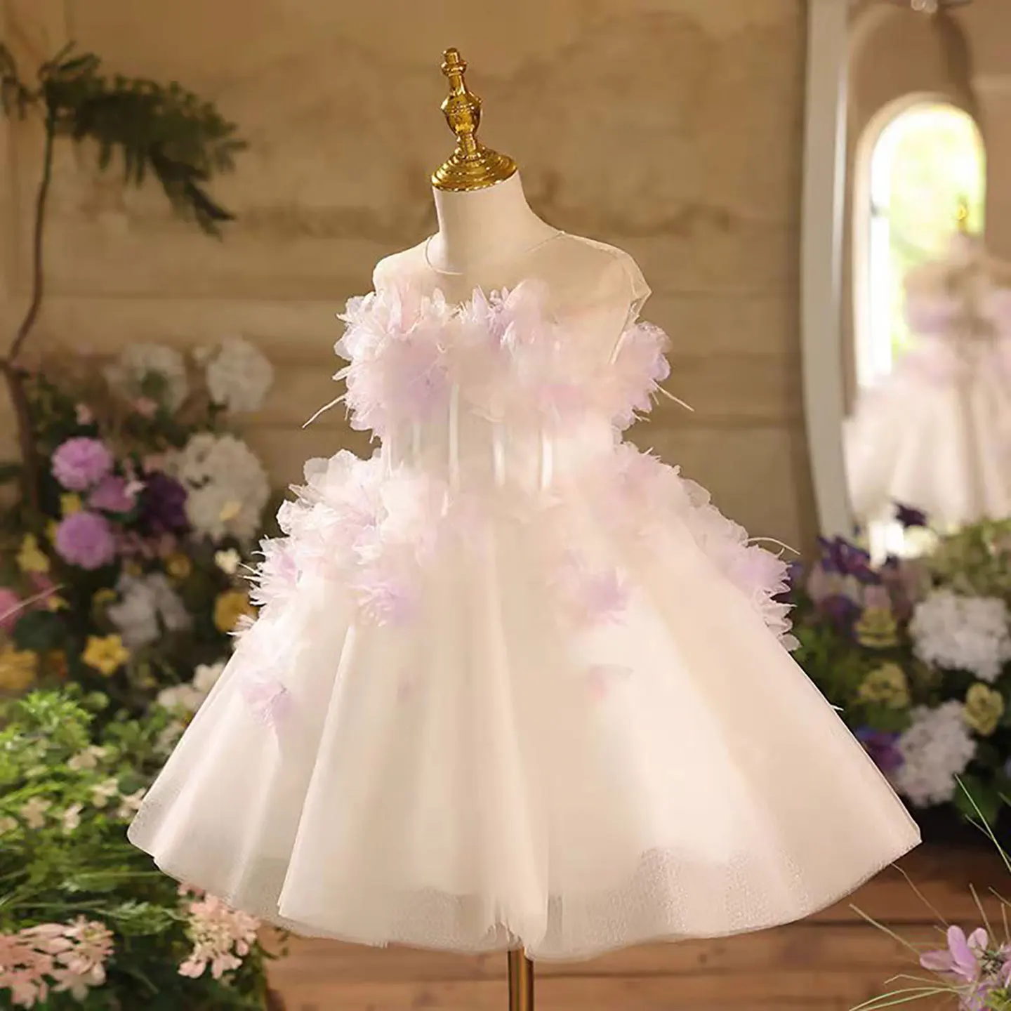 Dreamy Vow Abito da principessa per ragazza di fiore in tulle a strati senza maniche adorabile per bambini, matrimonio, festa di compleanno, abito da ballo corto primaverile D039
