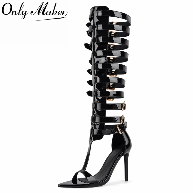 

Onlymaker Women Pointed Toe T-Strap Hollow Buckle Starp Thigh Stiletto Sandals Ankle Strap Gladiator Buckle Sandals