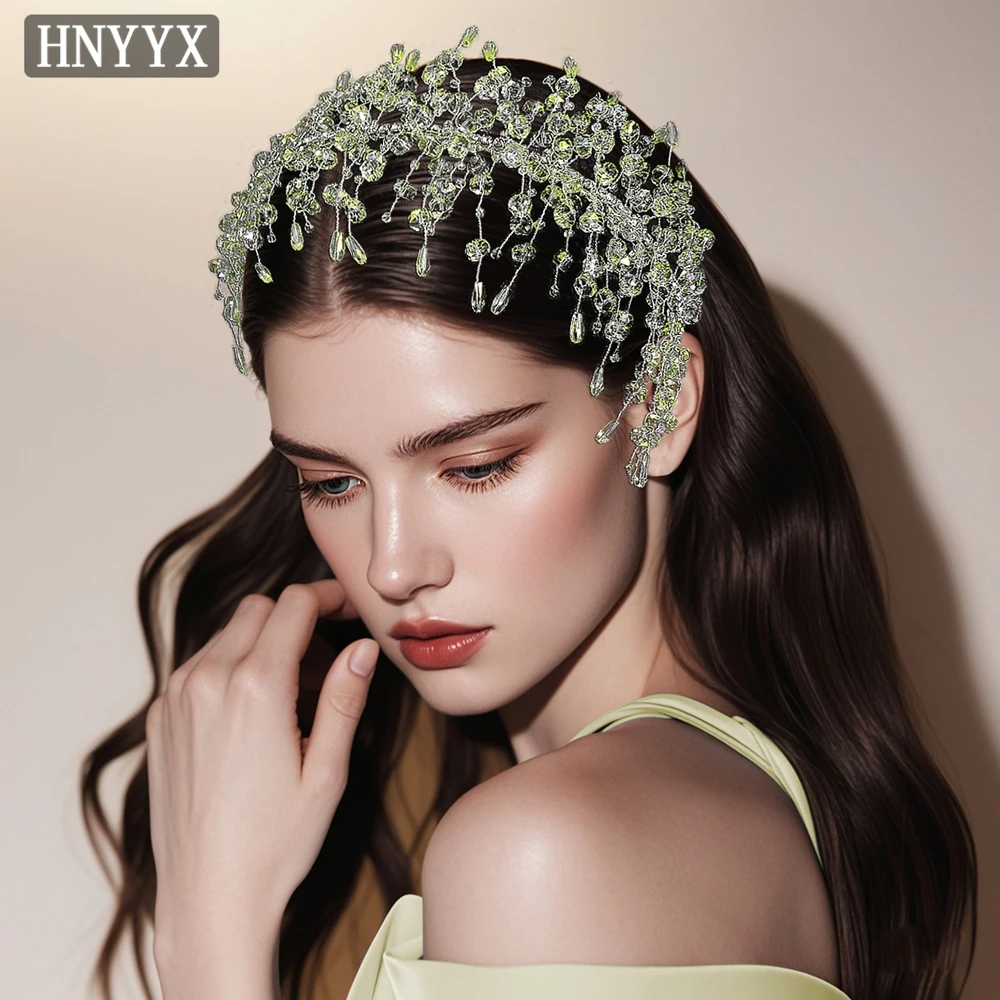 HNYYX -accesorios para el cabello con cuentas de cristal para mujer, tocado brillante con luz dorada, pieza de cabeza nupcial para boda, joyería, Tiara A200