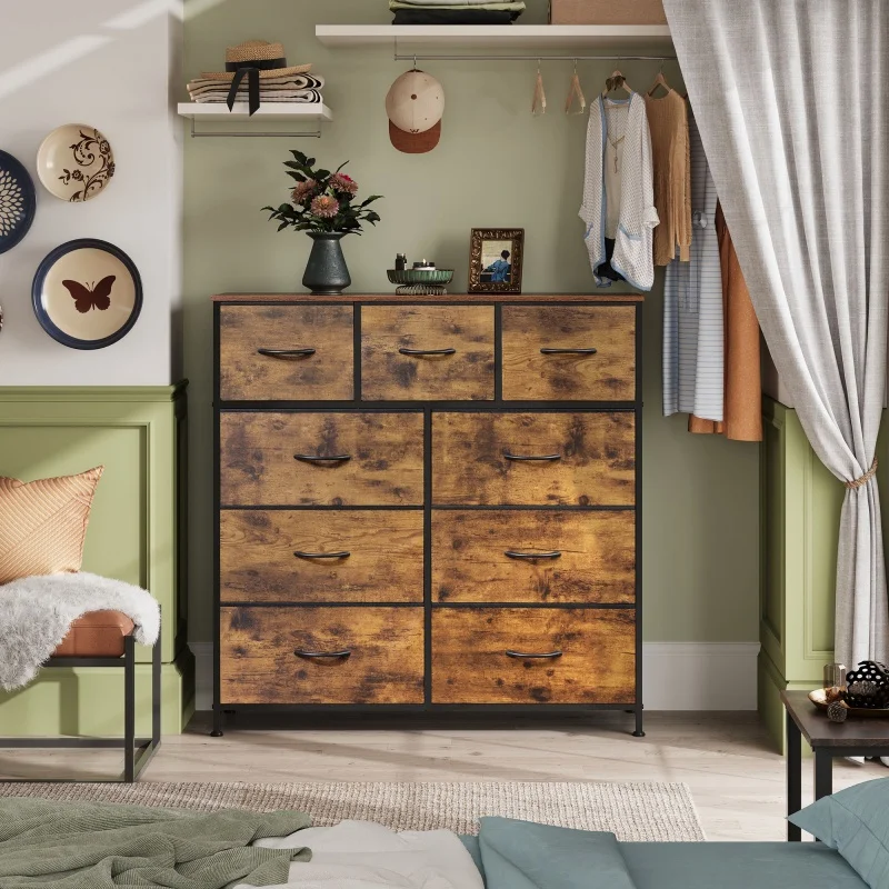

GALAXHERO 9 Drawer Fabric Dresser Tall Storage Bedroom Hallway Closet Fabric Bins Steel Frame Easy Pull Rustic Grain