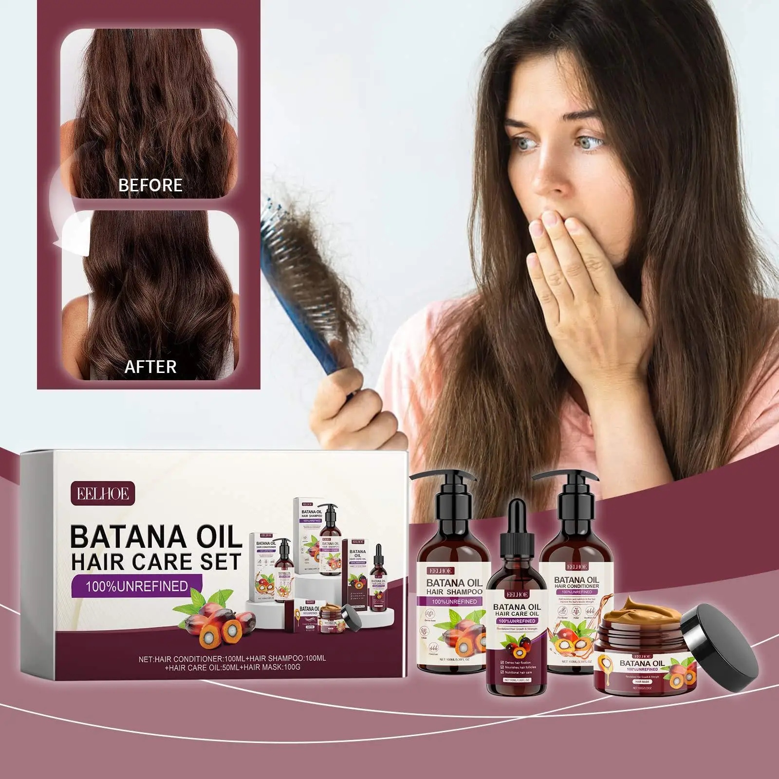 

250 мл и 100 г Eelhoe Batana Oil Strong Abundant Set Подходит для всех типов волос Глубокий ремонт против трещин Гладкий питательный набор для ухода за волосами