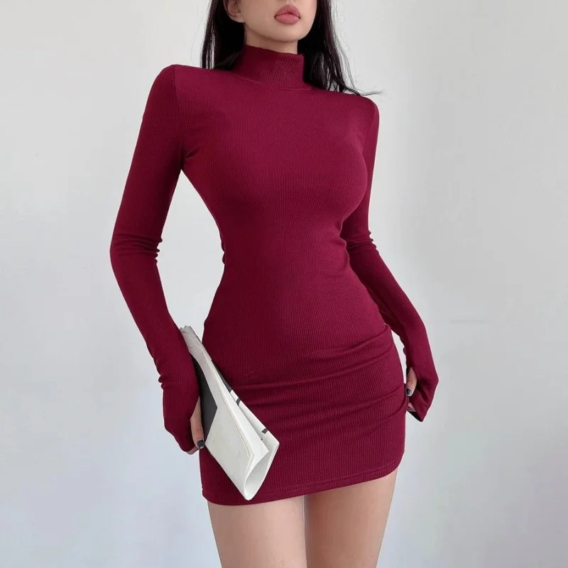 

Red Half Turtleneck Mini Dress Women Y2K Long Sleeve Sexy Slim Hip Dress Fall Winter Ladies Streetwear Party Club Vestidos Black