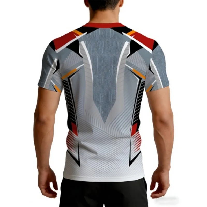 Men's Grey Red Black Orange Geometric Line Compression T-Shirt Muscle Fit Crew Neck Short Sleeve Quick Dry Stretch Breathable Gy