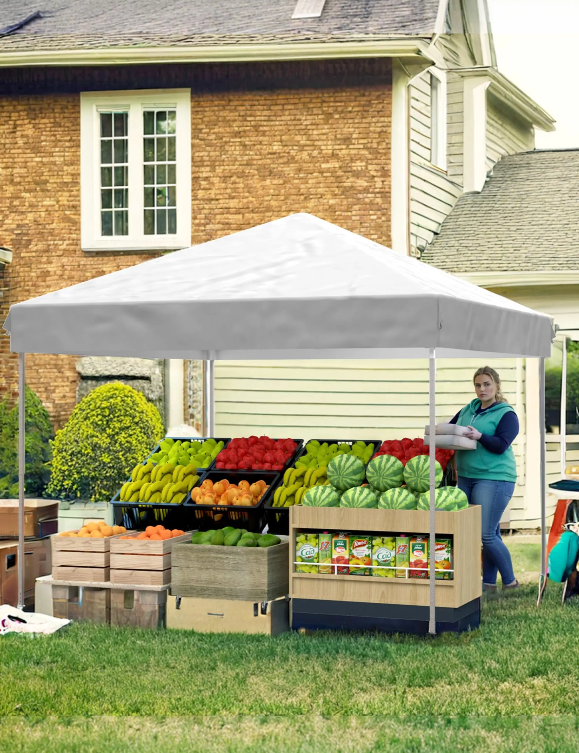 10x10 Pop Up Canopy with One Sidewalls Easy Up Camping Tent with One Button Push Setup 1 Roller Bag 3 Adjustable Height 4 Weight Bags (White, 10x10 + 1 Sidewall)