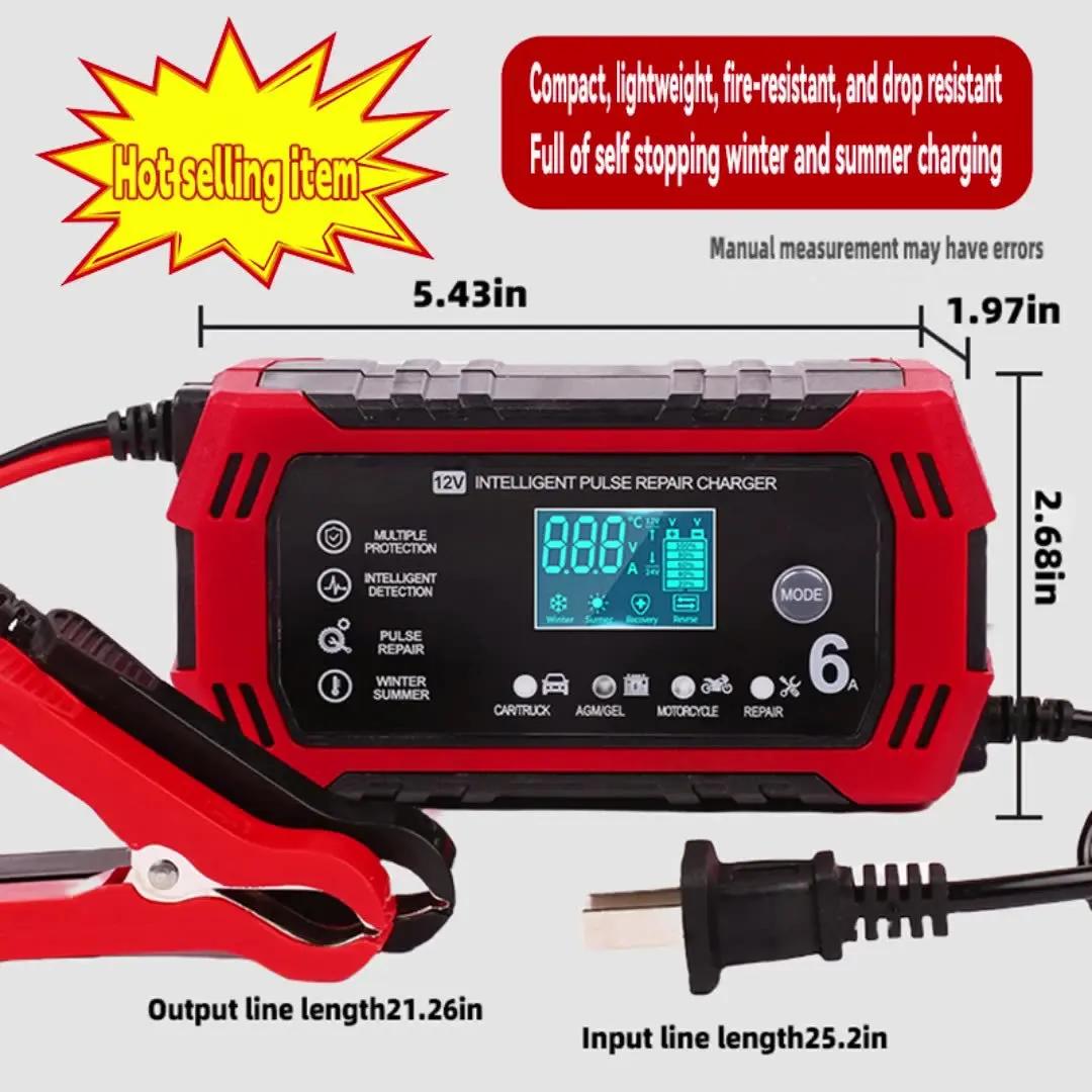 12V 6A Intelligentes Batterieladegerät mit LCD-Display, automatischer Lade-, Reparatur- und Wartungsfunktion für Blei-Säure- und Gel-Batterien