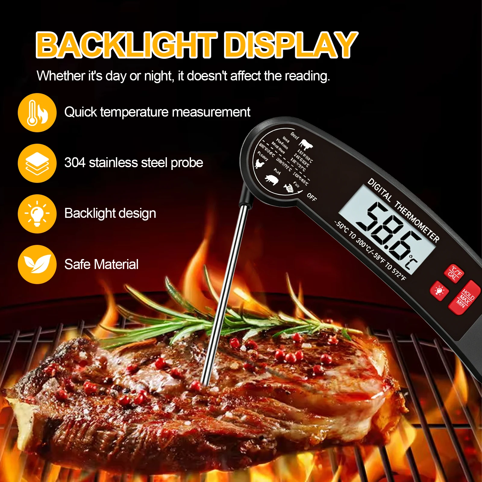 Instant Read Meat Thermometer Digital Food Temperature Tester, Kitchen Cooking Thermometer for BBQ Grilling Baking Air Fryer, Temperature Gauge for Meat, Milk, Water, Soup, Porridge and Hot Drinks, Portable Outdoor Camping Cooking Tool view 5