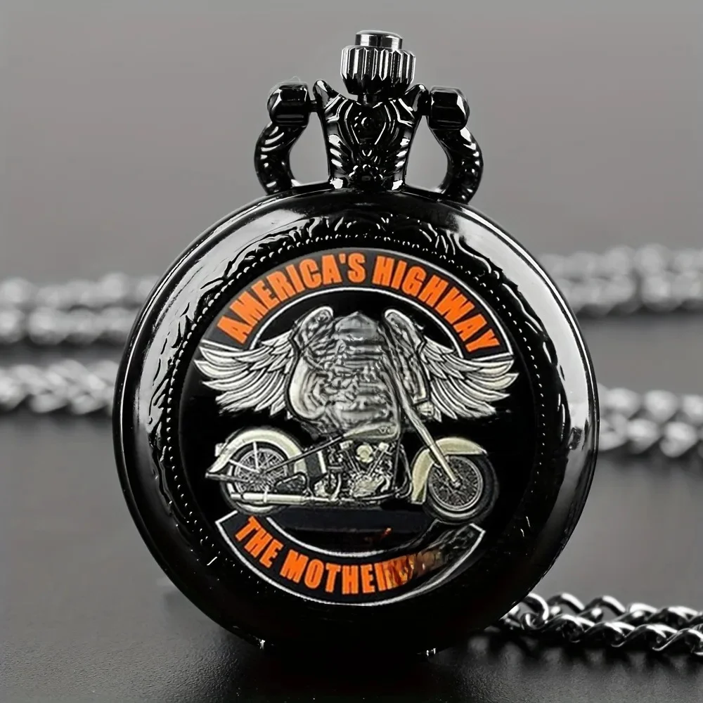 Zegarek kieszonkowy The Mother Road Route 66 Cool Black Motorbike Clock Elegancki wykwintny wisiorek z naszyjnikiem Łańcuch Relogio Najlepszy prezent — zdjęcie 2