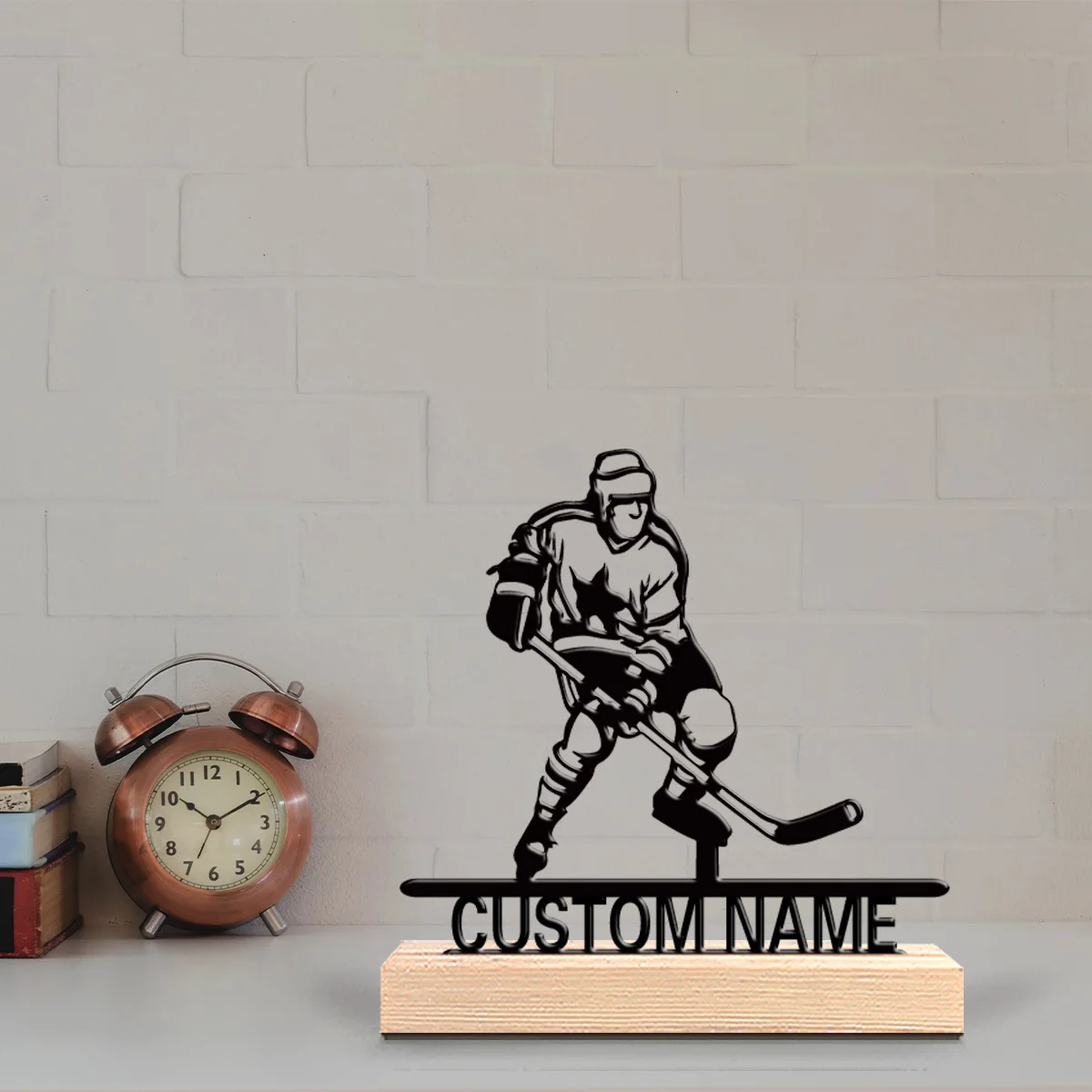 Statue en métal personnalisée de joueur de hockey, nom et numéro personnalisés, base en bois, décoration de bureau, cadeau pour les fans de hockey, les entraîneurs, ornement sportif