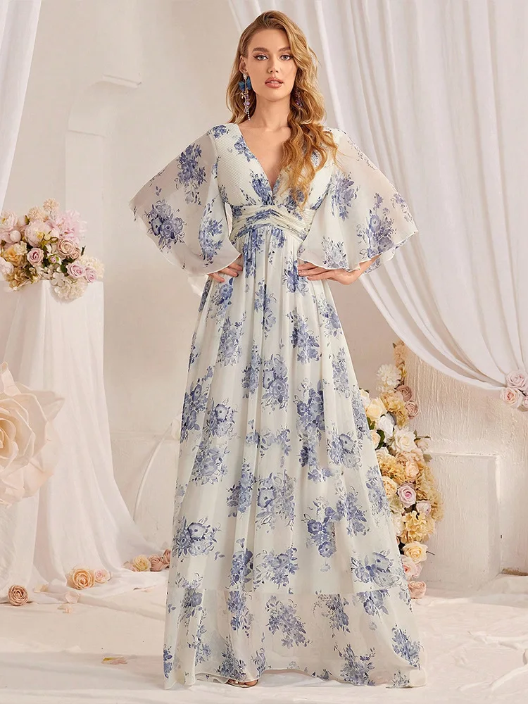 

X3 Pearl chiffon dress floral ruffle sleeves V-neck waist long dress