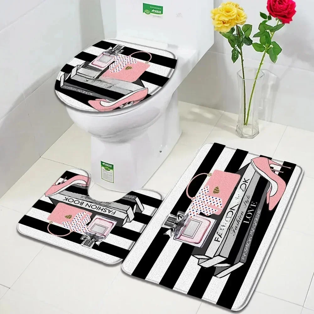 Pink Perfume Bath Mat Set Black White Striped Fashion High Heel Woman Girl Home Carpet Bathroom Decor Antypoślizgowa nakładka na toaletę — zdjęcie 2
