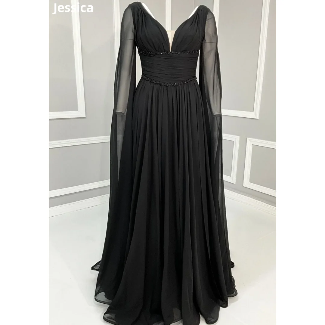 

Jessica Black Chiffon Long Sleeves Evening Dresses Handmade Beads Prom Dresses Elegant Ladies A-line Vestidos De Fiesta