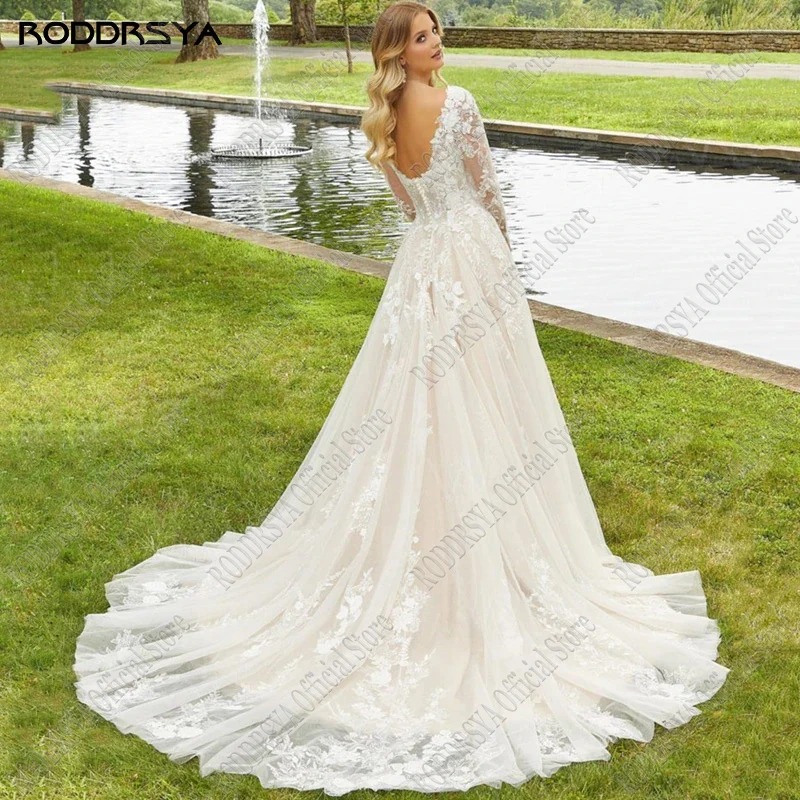 RODDRSYA doce noiva doce vestido de casamento de luxo de manga longa vestido de casamento com adesivos de costas roubados linha A botões de gás espalhados trens traseiros praias de laranja neve Vestidos Personalizado