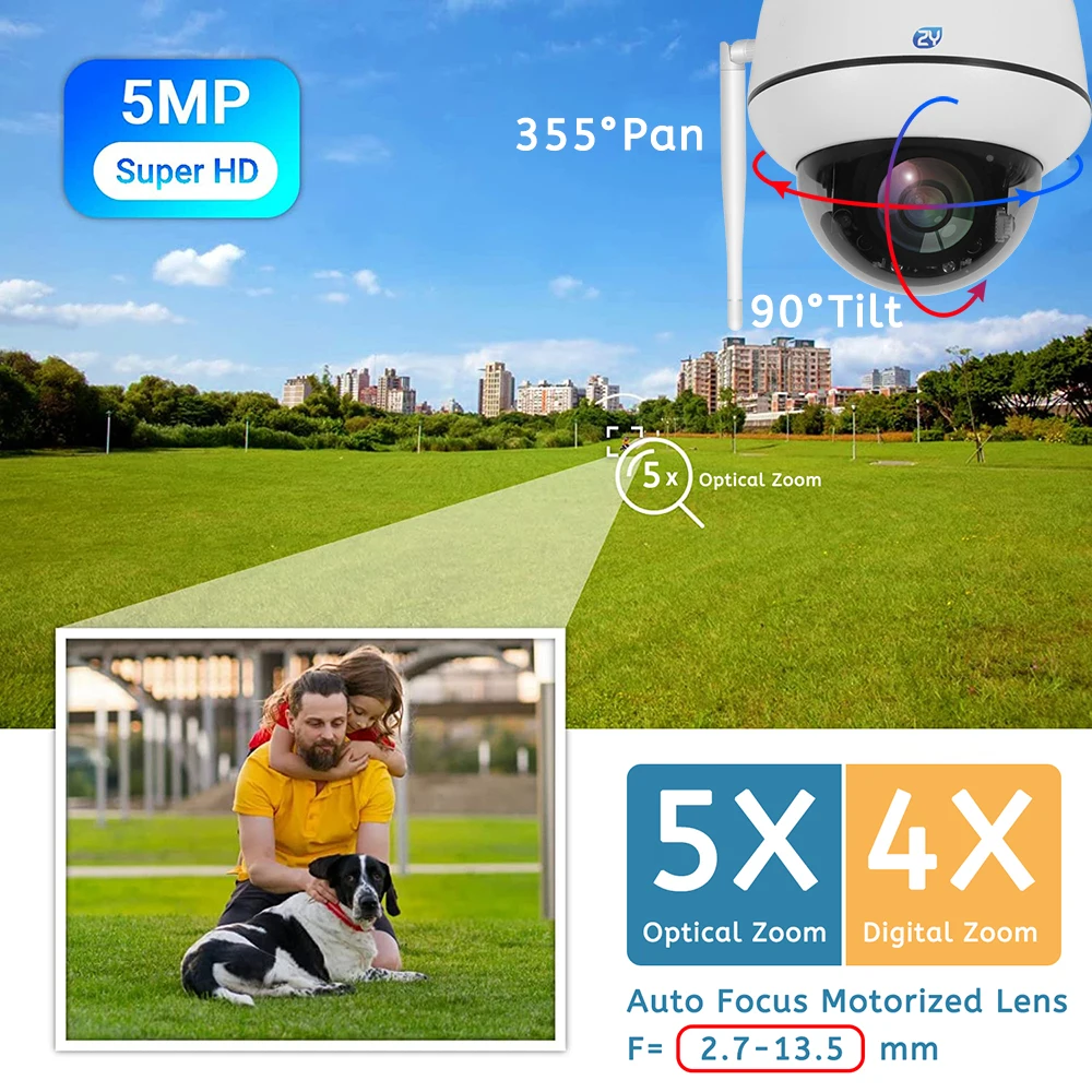 5MP Wifi kopuła kamera PTZ 5X Zoom optyczny kamera IP humanoidalne śledzenie dwukierunkowej rozmowy bezprzewodowej bezpieczeństwo w domu kamery monitorujące