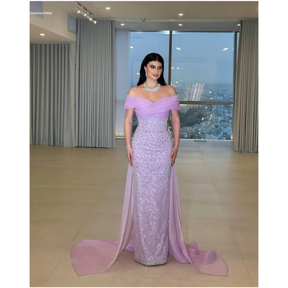 

Contessa Dubai Customized Crystal Off the Shoulder Column Prom Dresses Elegant فستان سهرة نسائي Detachable Shawl Party Dresses