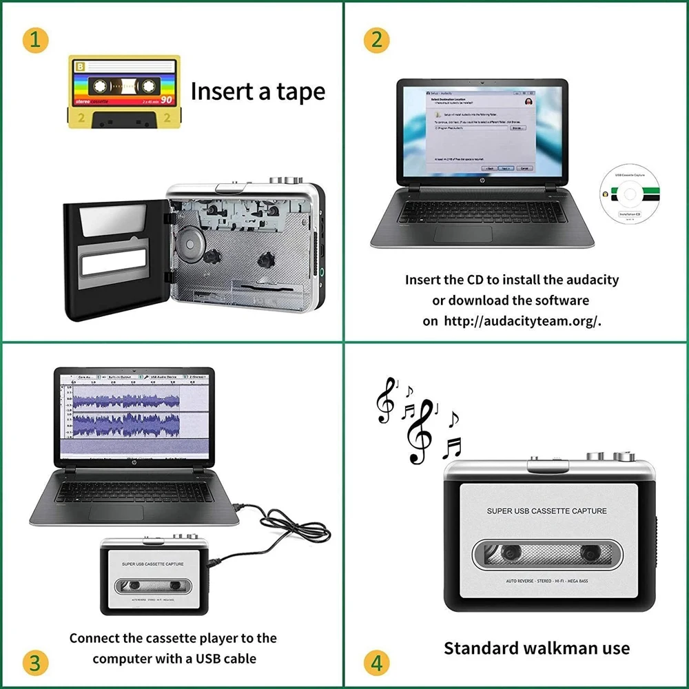 Portable USB Cassette Player to MP3 Converter Tape Audio Capture Recorder Digital Music Converter with Earphones Cable 4