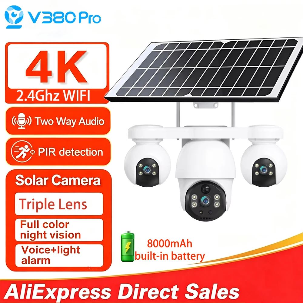V380 WiFi Solar 3-Linsen CCTV-Kamera 3-Bildschirm-Anzeige PIR-Menschenerkennung Wasserdichte Nachtsicht Außenüberwachungskamera
